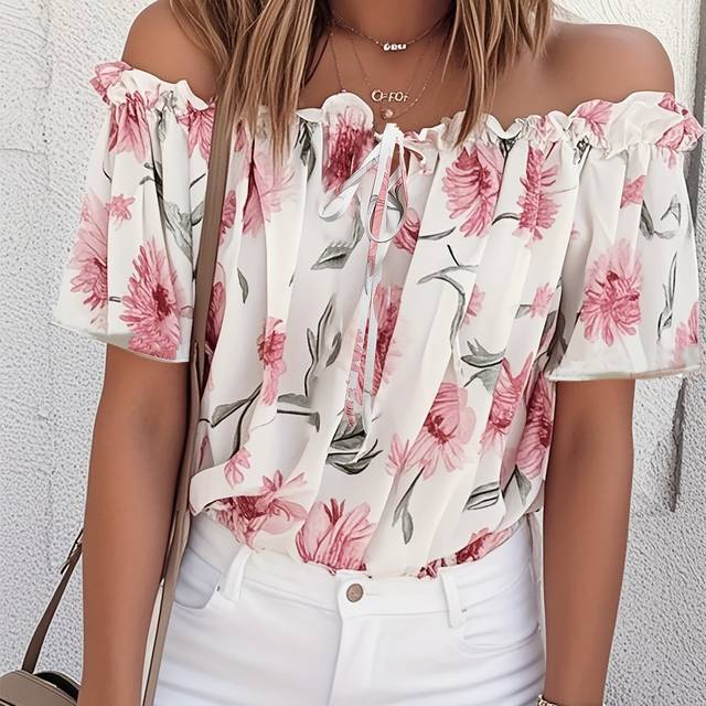 TEMU Women's Lightweight Off-shoulder Floral Blouse With Ruffle Detail, Pink And White Floral Print, Casual Spring/summer Shirt For Ladies