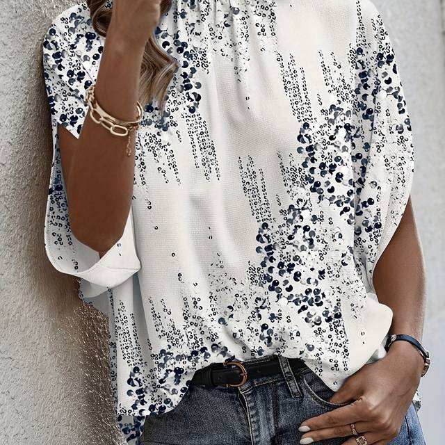 TEMU Elegant Plus Size Women's Blouse With Bow Detail & Sequin Print - Semi-high Neck, Short Sleeve, Non-stretch Fabric, Brown , Casual , Top | Floral Print Blouse | Nonstretch Material