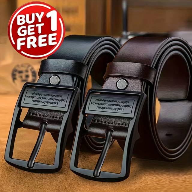 TEMU 2-pack Men' Leather Belts With Retro Square Alloy - Double-sided Belts For Business & Casual Wear, Adjustable Standard Size, Ideal Gift For