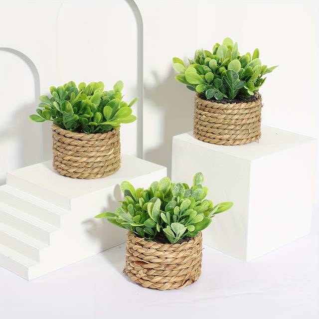 TEMU 3pcs Artificial Eucalyptus And Lavender Potted Plants - Sandalwood, Rosemary And Money Grass Decor, Suitable For Home, Office And Garden - Tabletop Display, Parties And Seasonal Decoration