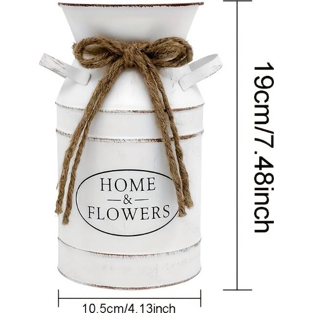 TEMU Metal Galvanized Vase – Rustic Rice White Distressed Milk Jug With "home Flowers" Label, Table Centerpieces And Home Decor