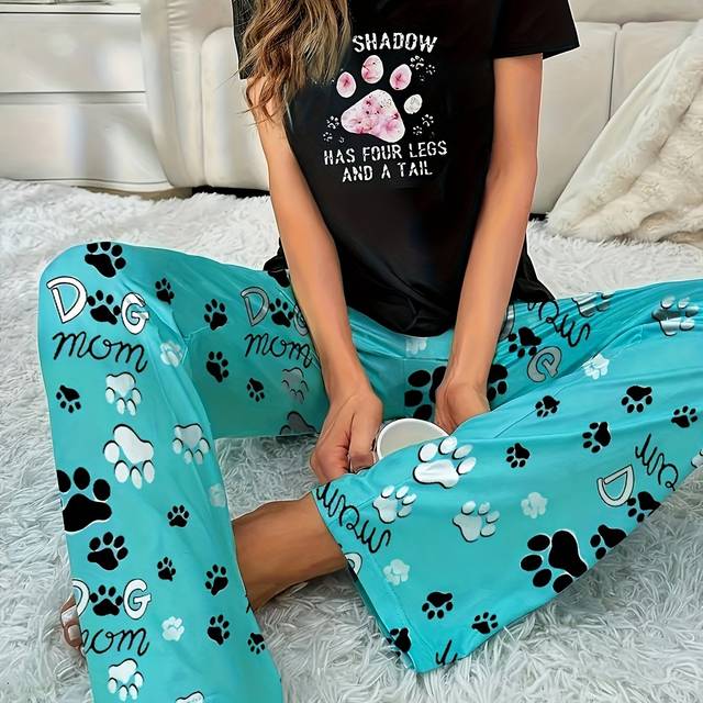 TEMU 2pcs Women's Pajamas And Pants + Alphabet Cat Paw Pattern Top Home Clothes