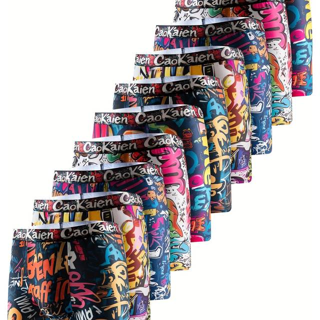 TEMU 10pcs Men's Long Boxer Briefs - Breathable, Lightweight, Colorful Graffiti-, Polyester And Elastane Blend, Non-transparent With Geometric Patterns
