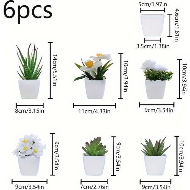 TEMU 6pcs Lifelike Artificial Succulent & Flower Arrangement In White Pots - Home, Office Desk, & Table Centerpieces | Real Touch Mini Plants Set For All Decor