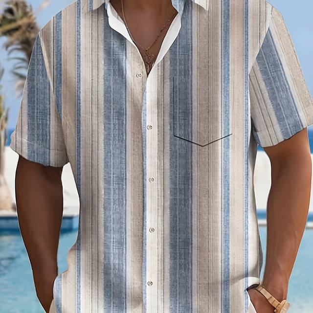 TEMU Men's Casual Striped Short Sleeve Button-up Shirt - Light Vertical Stripes, Collar, Regular Fit Summer Casual Wear, Short Sleeve Button Blouses, Plus Size