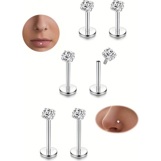 TEMU 6pcs Stainless Steel Cubic Synthetic Zirconia Lip Studs Labret Nose Studs, Tragus Helix Ear Piercing Jewelry 6mm 8mm 10mm Bar Length 3 Pairs Set