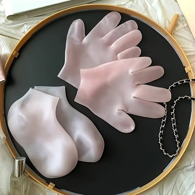 TEMU 4pcs Silicone Moisturizing Socks And Gloves Set For Dry, Cracked Heels And Rough Light Beige - Unscented Foot And Kit, Suitable For Personal Grooming And Nail Care