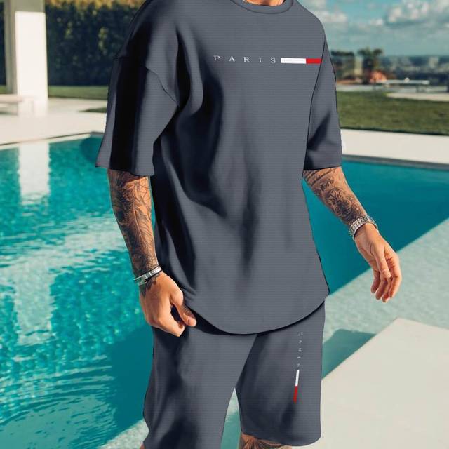 TEMU Casual Sports Suit Breathable Outdoor Casual Men's T-shirt And Five-pants Suit Summer 3d Printing Suit For Adult Men