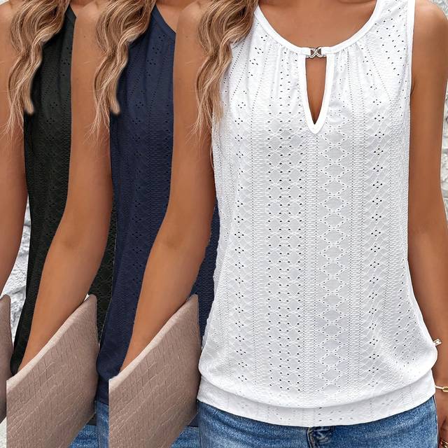 TEMU 3pcs Women's Elegant Eyelet Embroidered Tank Tops - Breathable Polyester Blend, Keyhole Neckline, Sleeveless Shirts For Spring/summer, /dark Gray, Ladies Tank Tops