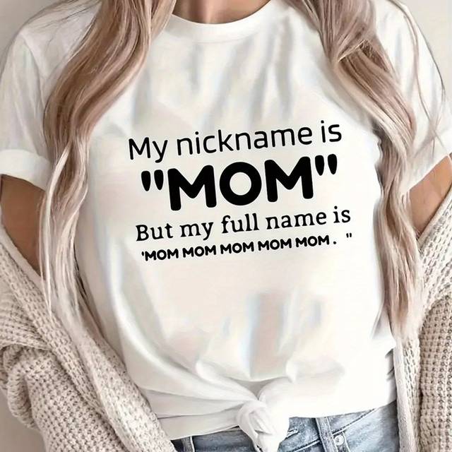 TEMU Women's Funny Mom Quote Letter Print T-shirt - Black With White Text Short Sleeve Crew Neck Casual Top, Lightweight 3-season Machine Washable Tee For Spring Summer Fall, Shirt