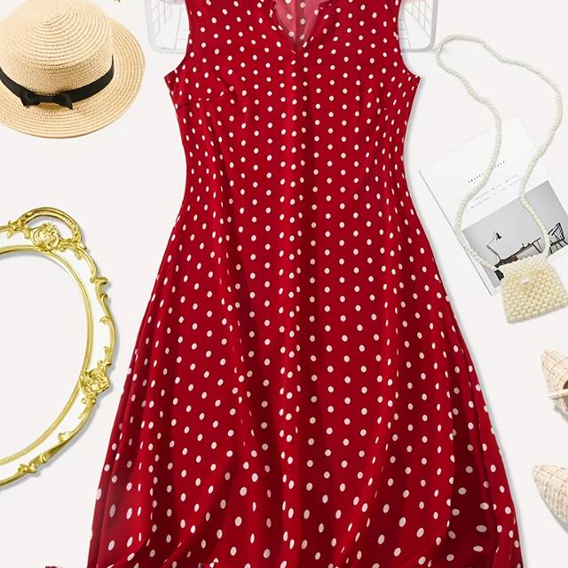 TEMU Women's Plus Size Sleeveless Polka Dot Dress - Vibrant Red, Casual Style, Round Neck, Lightweight Polyester, , Beach Or Getaways, Beach Dress