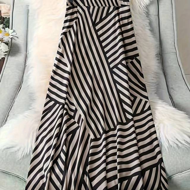 TEMU Women's Plus Size Elegant Striped A-line Skirt - High Waist, , Black & Beige Zebra Print, Lightweight Fabric For Spring/summer