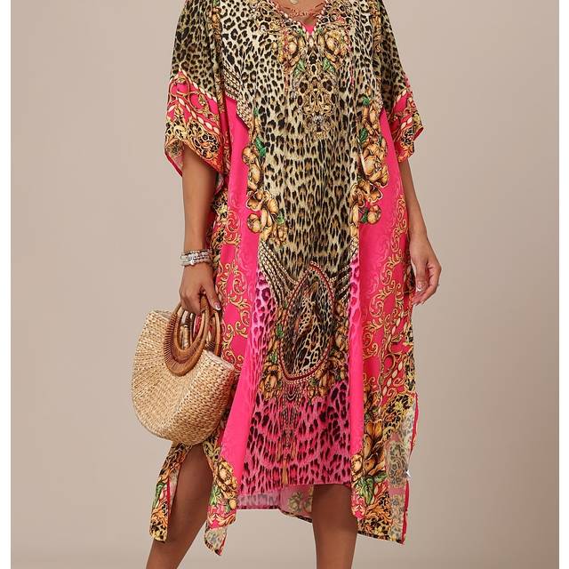 TEMU Bohemian Women's Kaftan Dress With Leopard Print, Lightweight Polyester Beach Cover-up, Open Slit Design, Machine Washable, Poolside Or Summer