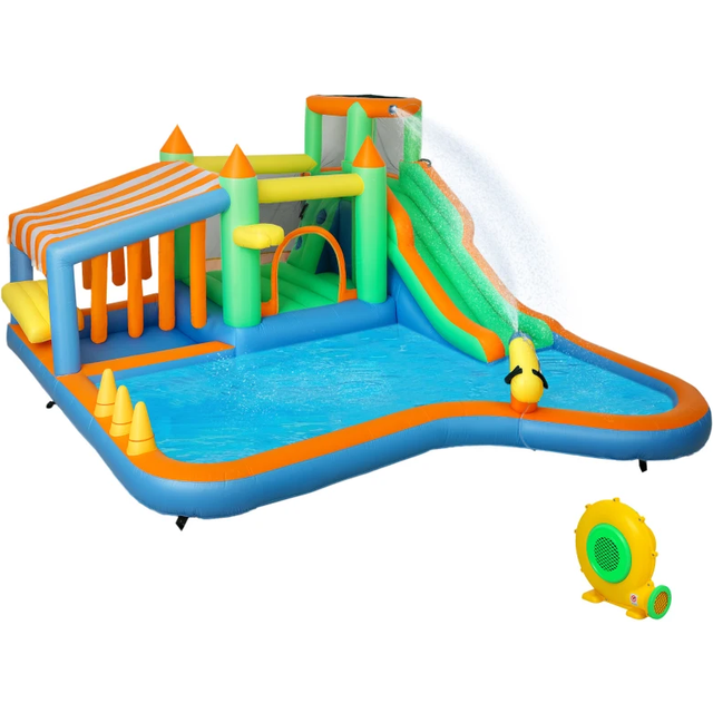 Aiyaplay 8 In 1 Inflatable Bounce House With 680w Blower, Slide, 2 Pools, Basketball Hoop, Climbing Wall, Water Gun, Ring Toss