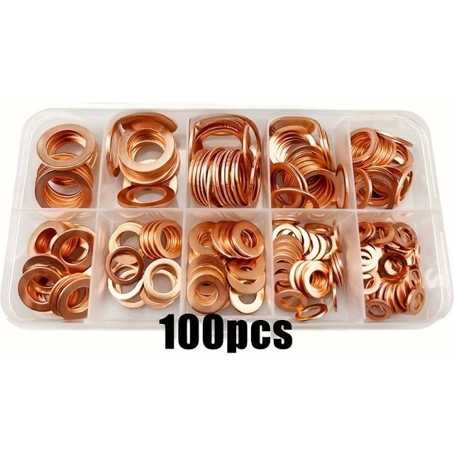 TEMU 200/100pcs Solid Copper Washers Set, Gasket Sump Plug Oil Shim Flat Plain Spacer Washers For Boat Crush Washer Flat Seal Ring Tool Hardware Accessories