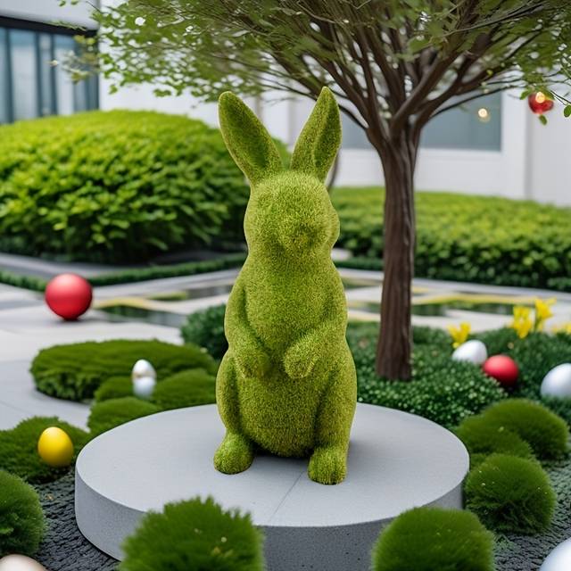 TEMU 1pc Classic Easter Bunny Statue - Green Flocked Rabbit With Red Flowers, Resin Outdoor Garden , Yard & Patio Decor