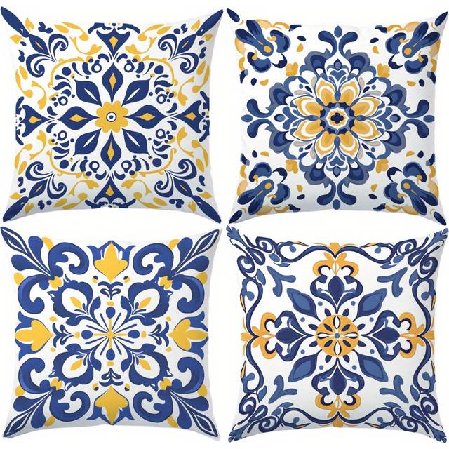 TEMU 4pcs, Blue Green Yellow Bohemian Italian Tile Pattern Printed Pillow Covers Set (17.71in*17.71in/45cm*45cm) Home Decor Cushion Cover For Living Room Sofa, Without Pillow Inserts