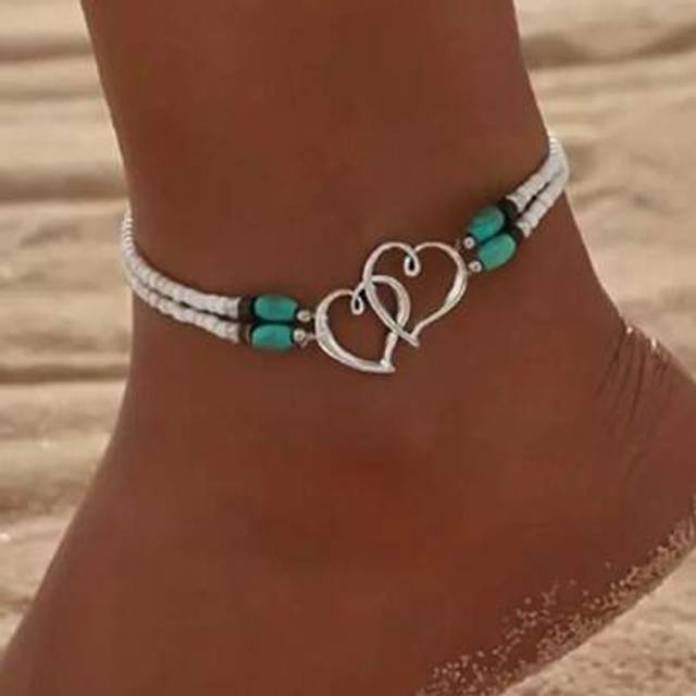 SHEIN Fashionable Alloy Double Heart & Turquoise Bead Double Layer Elastic Anklet, Suitable For Couples Vacation