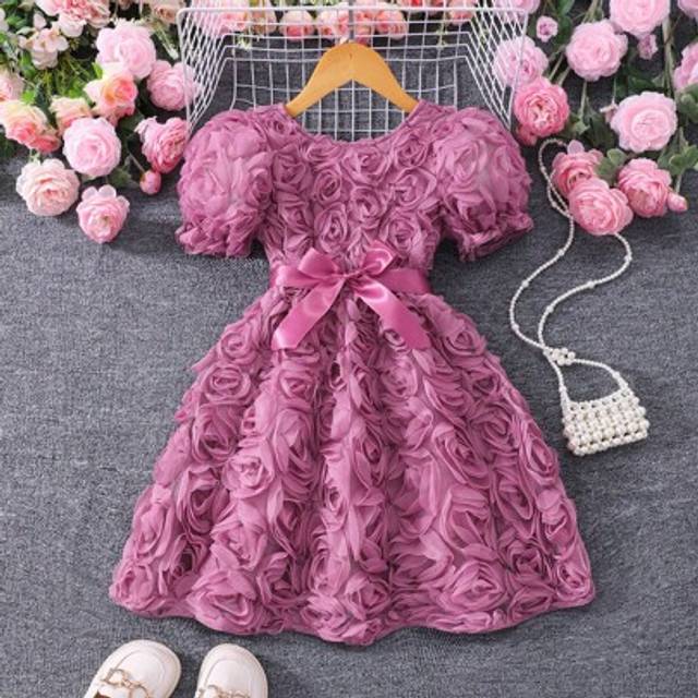 SHEIN Girls Solid Color Puff Sleeve 3D Flower Decor Elegant Dress With Belt, Summer