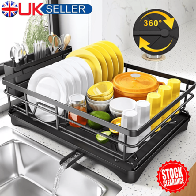 SHEIN Large Dish Drainer Rack Kitchen Sink Drying Rack Bowl Plate Holder 360Â°Drip Tray