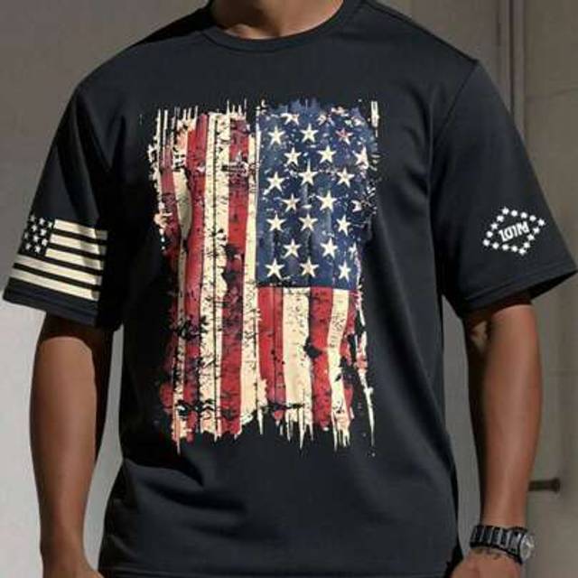 SHEIN Teen Boys Independence Day American Flag Print Holiday Atmosphere Short Sleeve Black T-Shirt, Casual Collegiate Style, Comfortable & Fashionable, Prac