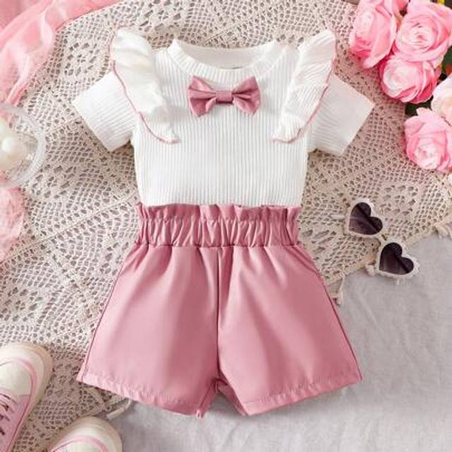 SHEIN 2pcs/Set Baby Girl Spring&Summer Street Style Bowknot Decoration Round Neck Shirt&Imitate Leather Short Pants