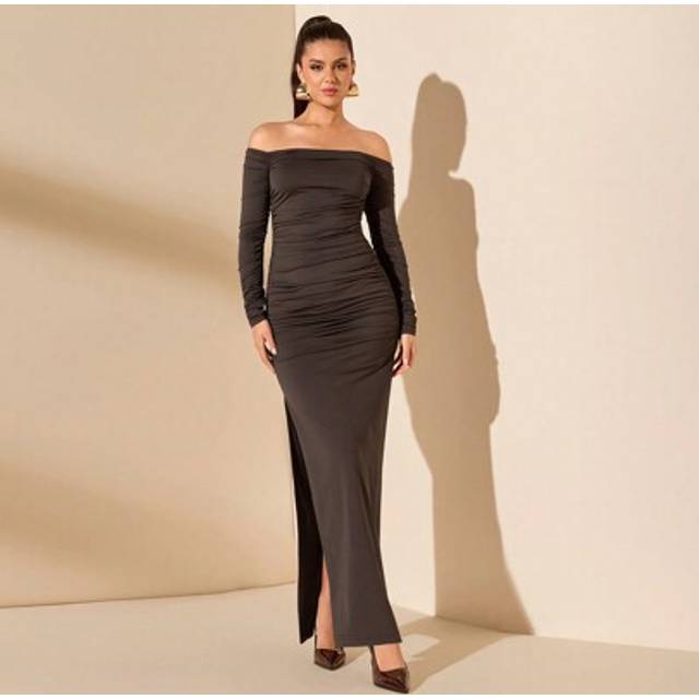 SHEIN Women&#39;s Elegant Long Sleeve Off-Shoulder Maxi Dress One Shoulder Holiday Dress Suitable For Summer Vacation, Date Night, Bachelorette Party, Beach Vac