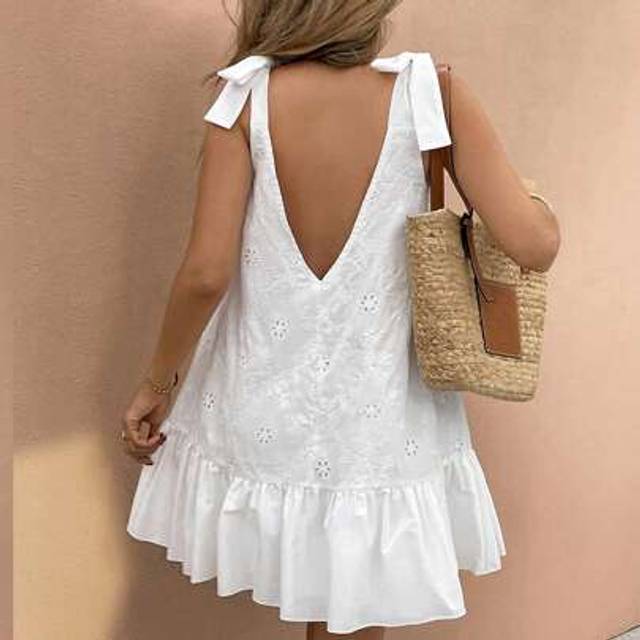 Serisse Women&#39;s Vacation Shoulder Bowknot Sleeveless Elegant Romantic Patchwork Ruffle Hem Floral Embroidery Fabric Back Deep V Loose A Fit Short Dresses Summ