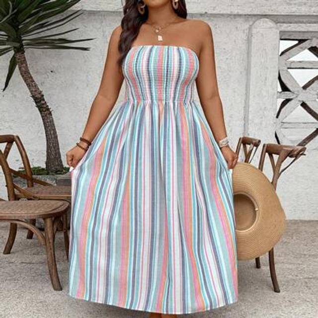 SHEIN Plus Size Women Summer Colorful Striped Tube Top A-Line Maxi Dress, Confidence Outfit, Casual Western Boho Maxi Dress Pool Party OutfitÂ Coconut Girl