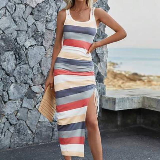 Luneh Women&#39;s Summer Sleeveless U-Neck Drawstring Tie Pleated Colorful Striped Casual Vacation Bodycon Dress With High Slit,Summer Dress Midi Long Bodycon D