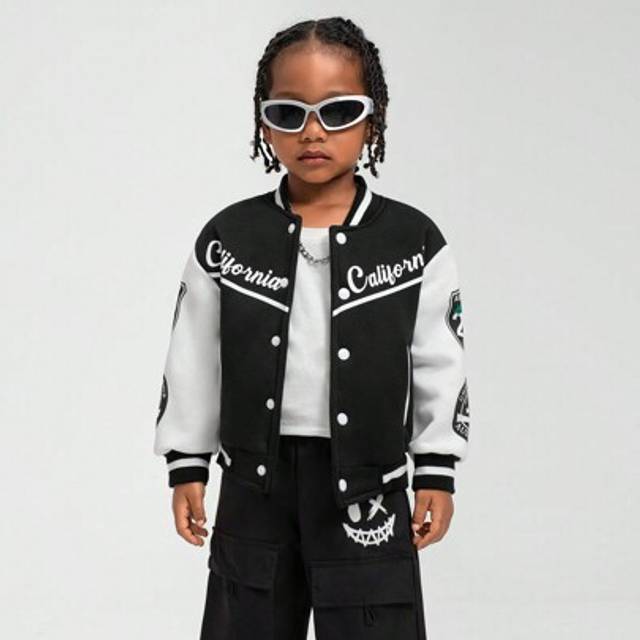 SHEIN Young Boy Casual Street Style Personality Printed Letter Long Sleeve Colorblock Print Varsity Jacket, Versatile For Outings And School Wear, Suitable
