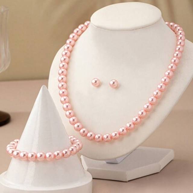 SHEIN 4pcs Fashion Elegant Faux Pearl Beaded Necklace + Bracelet + Earrings Jewelry Set, Suitable For Evening Gowns, Dates, Gatherings & Parties