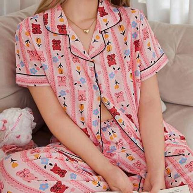 SHEIN Romantic Bear & Floral Print Ruffle Collar Cardigan Plus Size Pajama Set, Casual Lounge Outfit