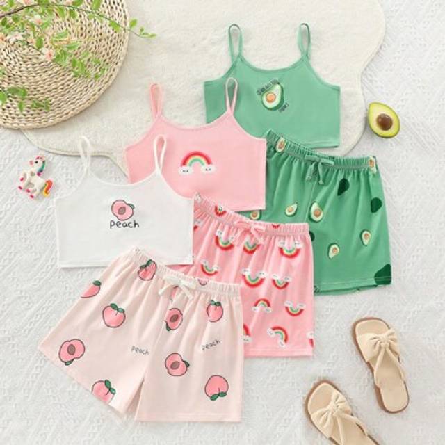 SHEIN 6pcs Girls Sleepwear Set, Cute Cartoon Fruit Avocado Rainbow Print Camisole Top & Shorts Pajamas, Summer