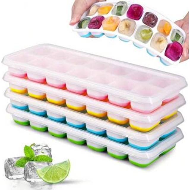 SHEIN 4pcs Silicone Ice Cube Trays, Easy Release & Flexible, 14-Cavity 4-Color Mixed With Anti-Spill Removable Lids, Stackable With Lid, Kitchen Accessories