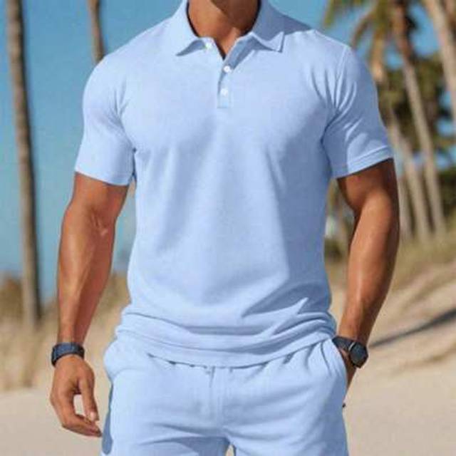 SHEIN Teen Boys Solid Blue Polo Shirt And Shorts Set, Casual And Comfortable, Versatile For School, Outdoor, Beach And Everyday Wear