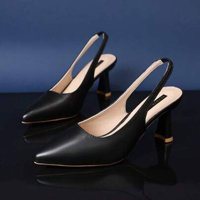 SHEIN 1 Pair Girl&#39;s Black High Heel Sandals, Solid Color PU Upper With Elastic Ankle Strap, Pointed Toe Slim Heel, Elegant Wedge Style, Suitable For Party,
