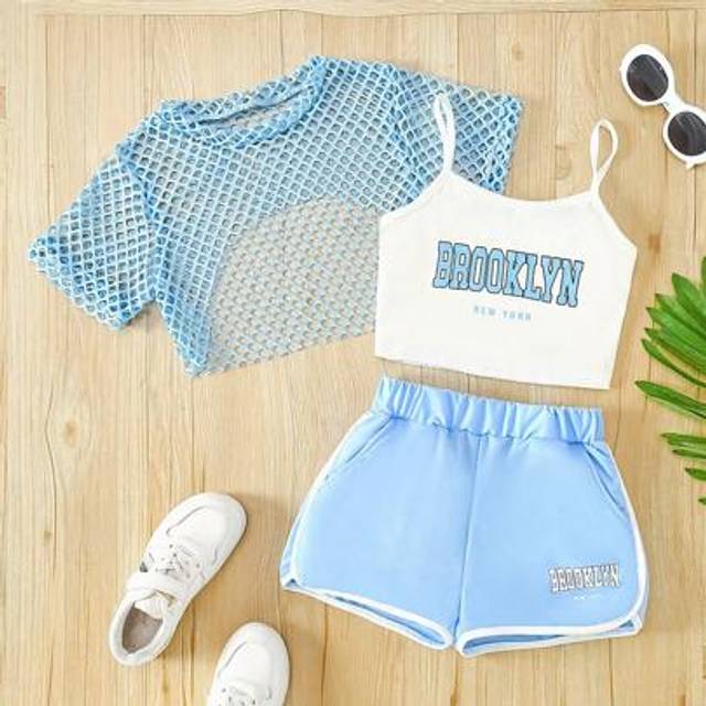 SHEIN 3pcs Children Clothing Set For Girls: Letter Print Camisole + Mint Green Chiffon Cover Up + Shorts, Summer Outdoor Outfit. 3pcs Brooklyn Letter Print