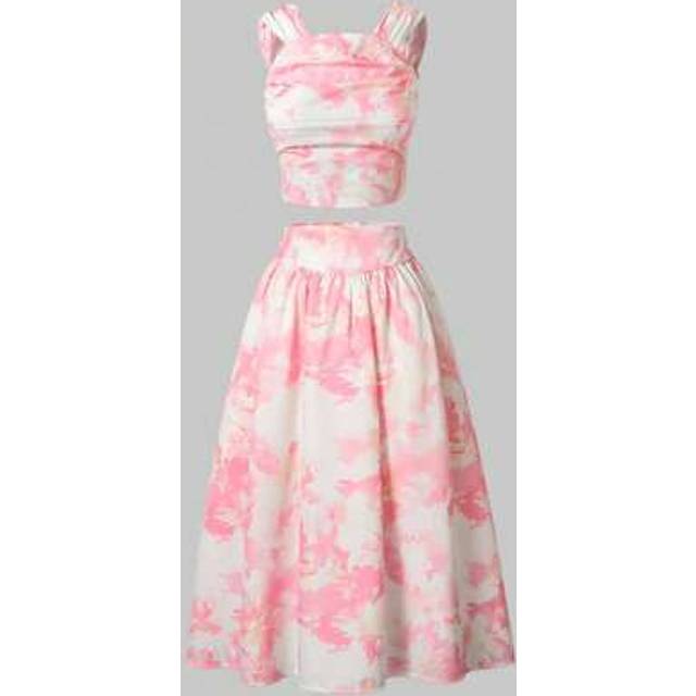 SHEIN Tween Girls 2pcs Floral Print Halter Top And Skirt Sets, Vacation Countryside Sweet Style