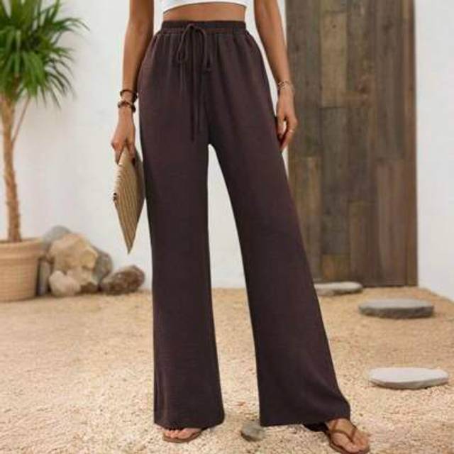 SHEIN Women&#39;s Boho Style Elastic Waist Straight Leg Beach/Vacation Pants With Pockets, Exotic Jacquard Fabric, Summer