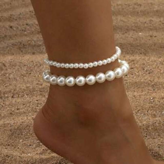 SHEIN 2pcs/Set Women Pearl Bead Anklet, Elastic Minimalist Chic Holiday Style Foot Jewelry, Barefoot Beach Resort Decor