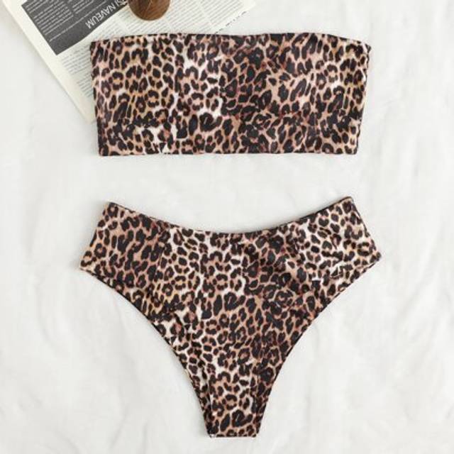 SHEIN Summer Beach Leopard Print Bandeau Bikini Set
