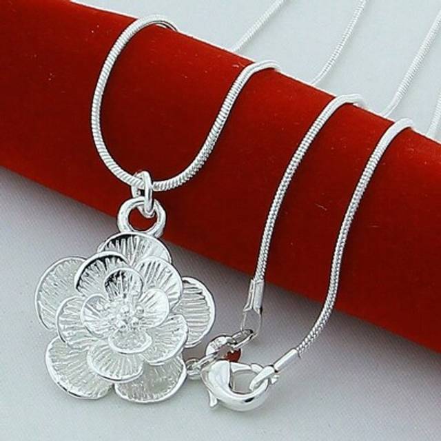 SHEIN Silver Plating Rose Flower Pendant Necklace 18/20-24/26/30 Inch Snake Chain For Women Wedding Engagement Jewelry