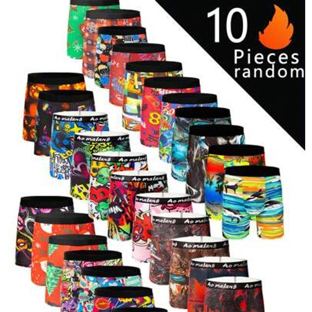 SHEIN 10pcs Fashionable Pattern Men&#39;s Long Boxer Briefs, Graffiti Style High Elasticity Long Boxer Briefs, Sports Trunks, Novelty Men&#39;s Underwear, Cycling S