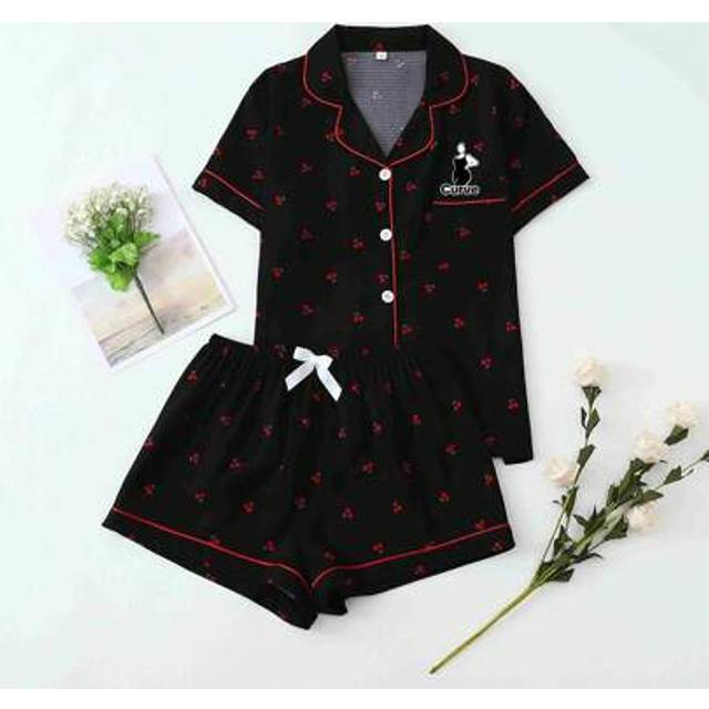 SHEIN 2pcs Plus Size Women Comfy Cherry Print Single-Breasted Lapel Short Sleeve Top And Shorts Pajama Set, Suitable For Home Wear, Spring/Summer