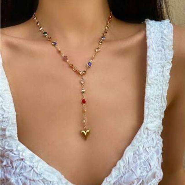 SHEIN 1pc Random Color Glass Heart Pendant Y-Necklace, Decor Accessory For Party, Valentine&#39;s Day, Deep V-Neck Outfit,Mom,Mother,Mother&#39;s Day,Gift