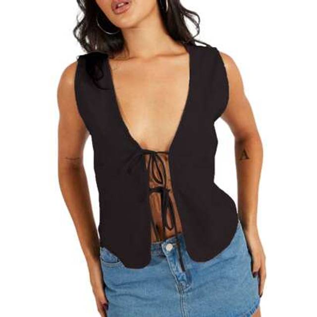 SHEIN Women&#39;s Summer Casual Tank Tops Sleeveless V Neck Solid Color Bow Tie Front Vest
