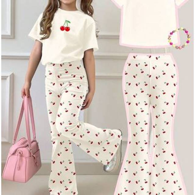 SHEIN 2pcs Cherry Print Casual Cute Cartoon Design Round Neck Short Sleeve Top And Flare Pants Set For Young Girls, Suitable For Summer Young Girls Sets Sum