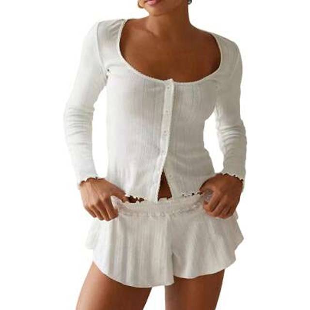 SHEIN Women Pajama Set, Long Sleeve Button Closure Top With Shorts Sleepwear Loungewear