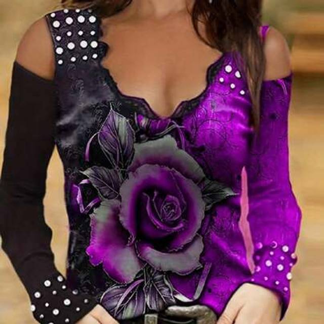 SHEIN New Lace Decorated V-Neck Print Open Shoulder Long Sleeve T-Shirt Women Tops